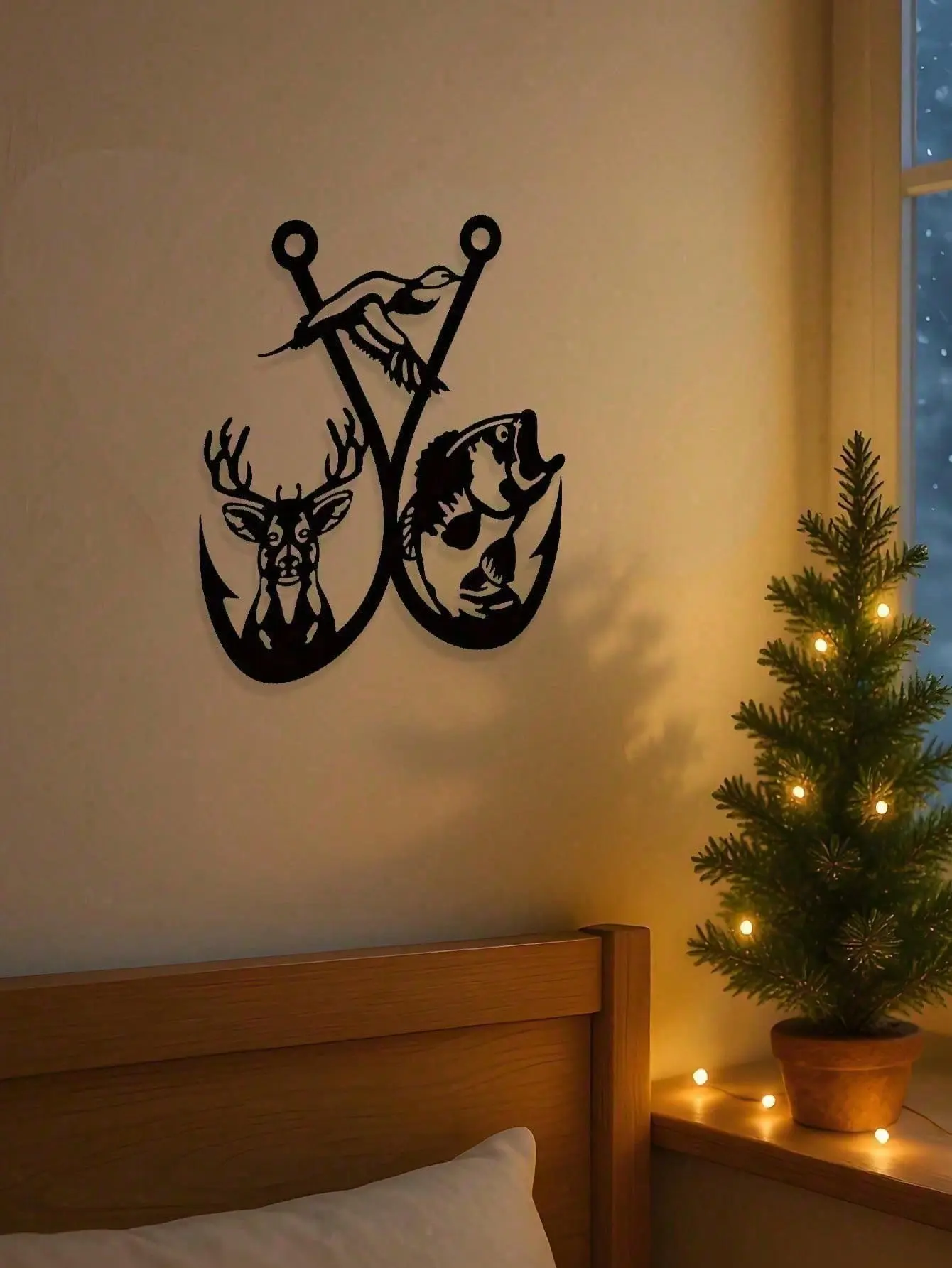 Vintage Metal Wall Art For Men - Rustic Deer & Fishing Lodge Sculpture | Wilderness & Camping Theme Decor For Man Cave, Cabin, Office & Living Room | Unique Gifts For Dad, Husband, Boyfriend | Outdoor & Fishing-Themed Home Accents