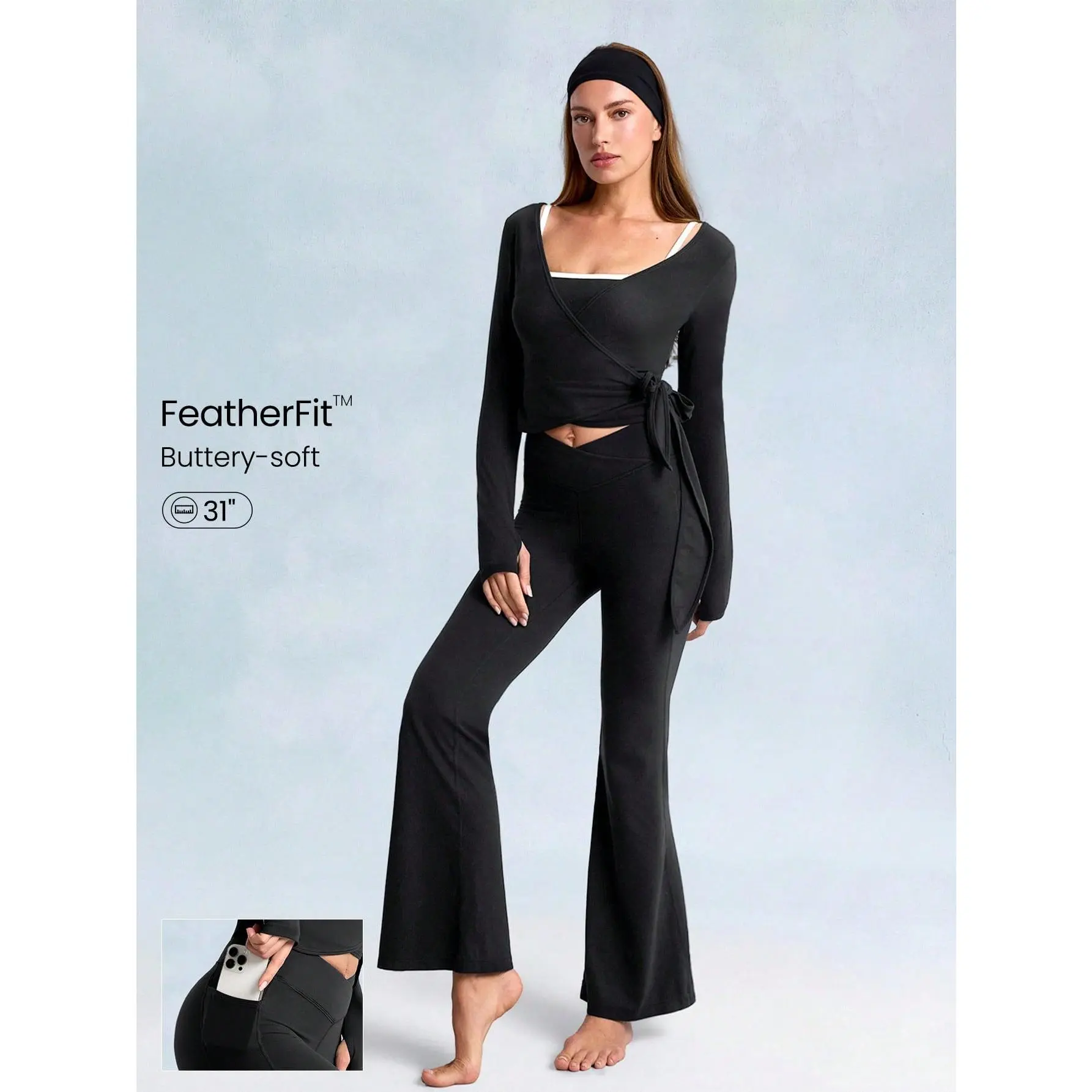 GLOWMODE 31" FeatherFit Mega Flare Ribbed Crossover Waist Side Pockets Yoga Pants Low Impact Daily Casual Outdoors Studio Yoga