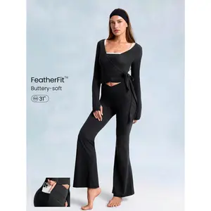 GLOWMODE 31" FeatherFit Mega Flare Ribbed Crossover Waist Side Pockets Yoga Pants Low Impact Daily Casual Outdoors Studio Yoga