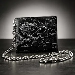 Vintage Dragon Wallet For Men Black Genuine Leather With Chain Card Purse
