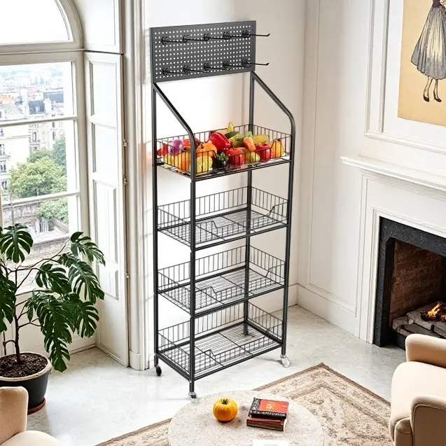 CNCEST Heavy Duty 4-Layer Rectangle Display Stand Set, Durable Metal Storage Rack with 10 Hooks, Locking Wheels, 10.2" Open Shelves for Home Organizer Durable Storage Use