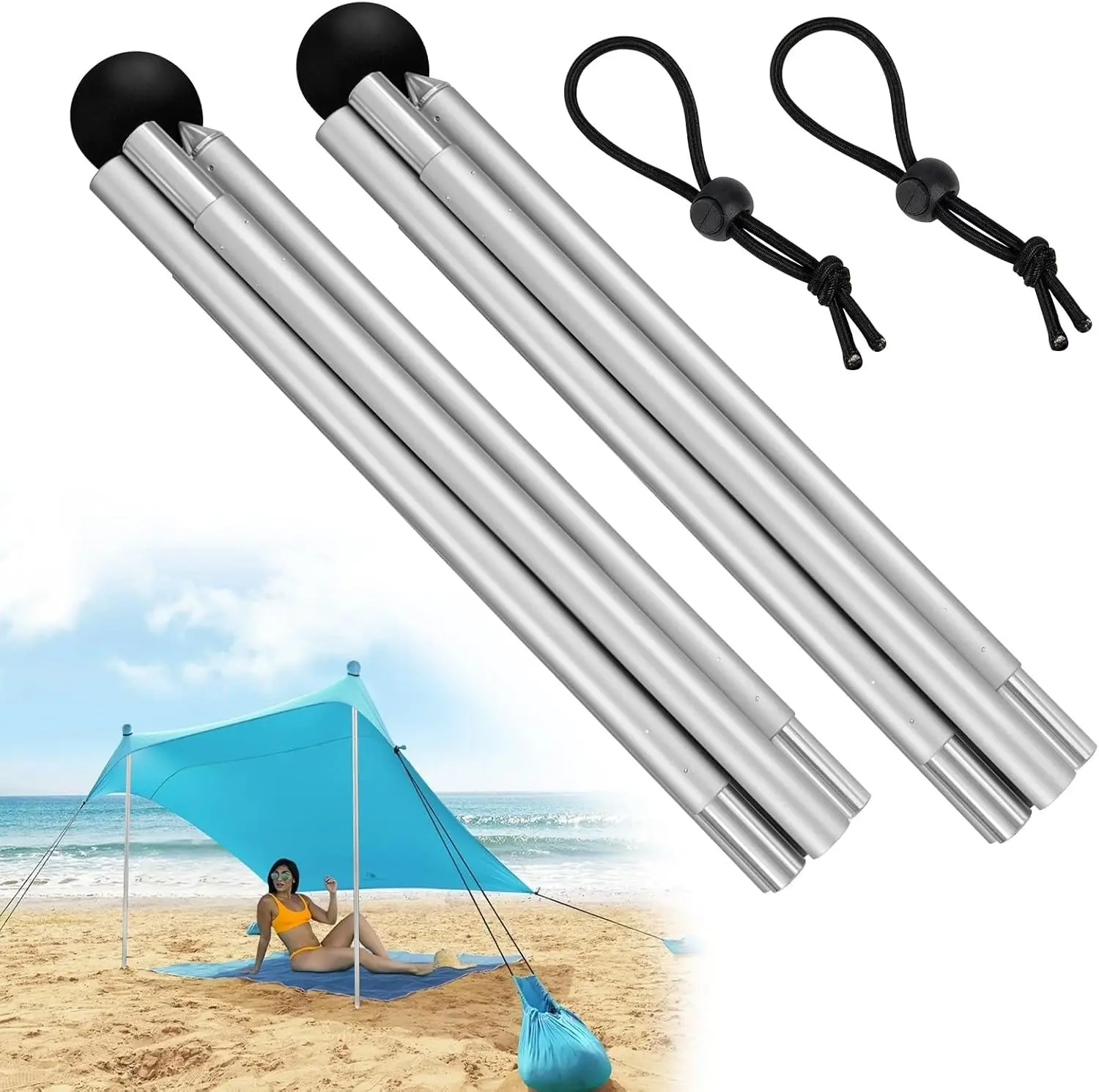 2PCS 6.56ft Foldable Replacement Beach Tent Poles, Compatible with Neso Grande Canopy, Aluminum Alloy Extra Tent Poles, Portable Fix Accessories for Camping Hiking Backpacking