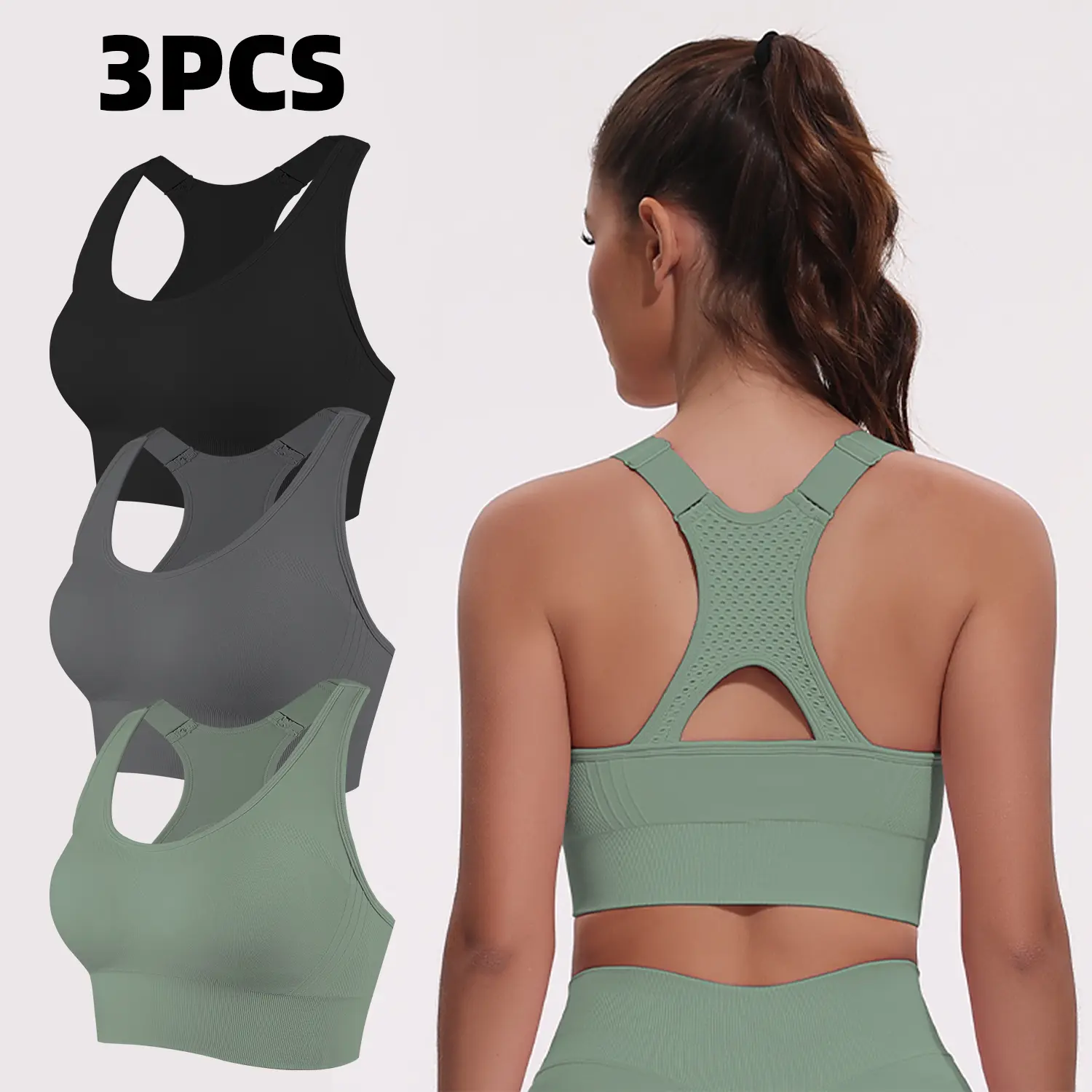 Women’s 3-Piece Adjustable Fitted Sports Bra Set, Supportive Seamless High-Stretch Breathable Mesh Fabric, Solid Color Crisscross Back, Tight Fit Everyday Active Running Yoga Tank Tops