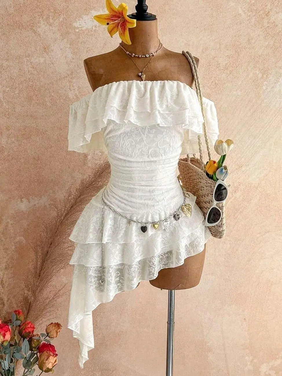 Summer Boho Beach Holiday Dress,Knit Mesh Strapless Fitted Multilayer Ruffle Asymmetric Hem,Suitable For Garden Tea Party,Vacation