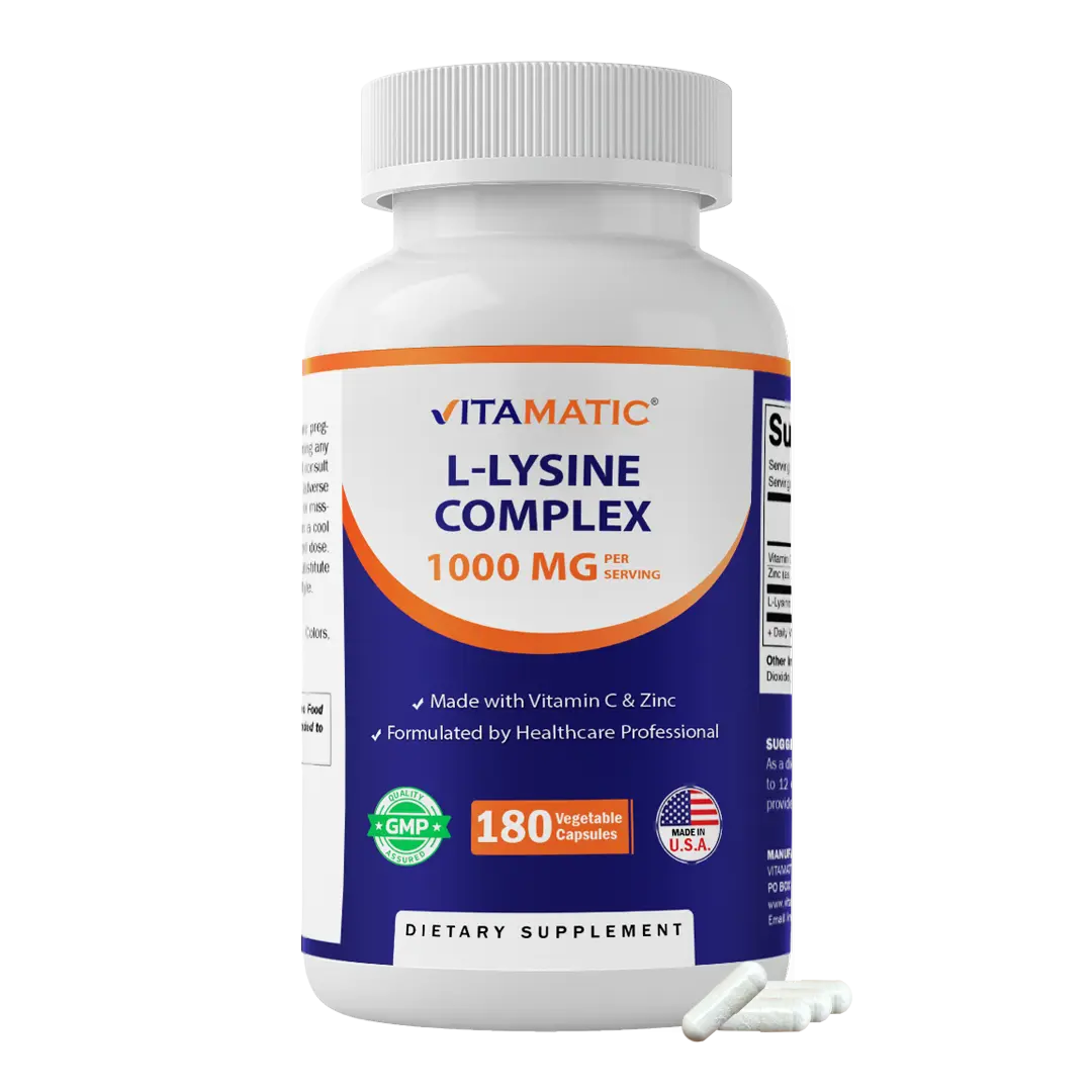 Vitamatic Organic Edible L-Lysine Amino Acid Complex 1000 mg Dietary Supplement - with Vitamin C, Zinc, Collagen, Protein - Immune Support, Skin Care - 180 Vegetable Capsules - Non-GMO, Gluten-Free - Made in USA