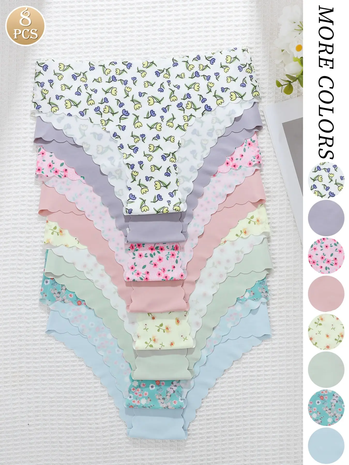8-Pack Spring Girl Fresh Seamless Casual Scallop Trim Panties, Seamless Knickers, Small Floral + Solid Color Combo, Ice Silk Invisible Glue Design, Fitted Low Waist, Underwear