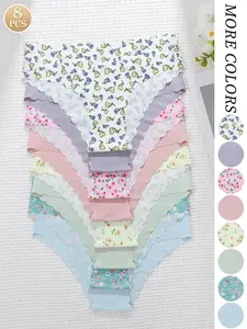 8-Pack Spring Girl Fresh Seamless Casual Panties, Small Floral + Solid Color Combo, Ice Silk Invisible Glue Design, Fitted Low Waist, Underwear