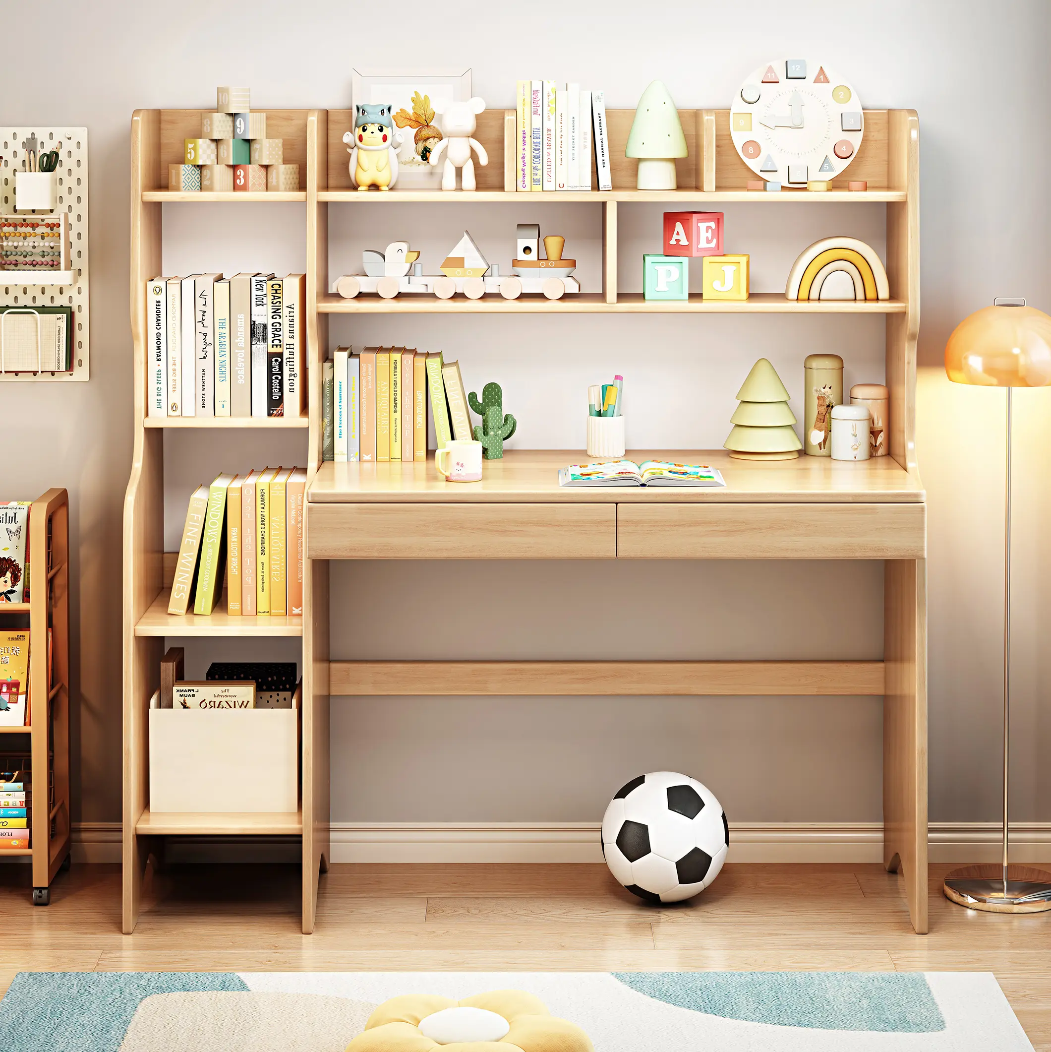Children's Rectangular Solid Wood Study Desk with Integrated Bookshelf - Smooth Surfaces, Large Top, Safety Features, Assembly Required, for 10-11 Years Olds, Natural/White/Walnut, Home Use