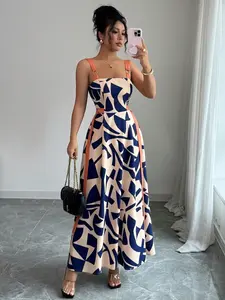 Colorblock Tie-Dye Halter Dress, Navy Geometric Print, Waistband, A-Line Skirt, Fitted Short Dress, Chic Casual Wear, Summer, Perfect for Vacation Photoshoots