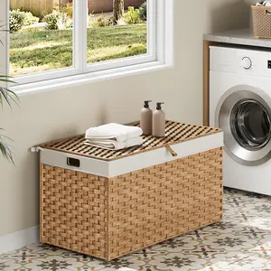 HOOBRO Rattan Laundry Hamper with Lid, Foldable Storage Basket with Lid, 42.3 Gallon (160L) Rattan Basket, Handwoven Blanket Storage Basket with Handles, Metal Frame and Soft Lining, for Bedroom, Laundry Room, Natural
