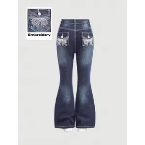 Fashion Girl Y2K Low Waist Retro Rhinestone Butterfly Embroidery Flared Jeans Autumn Winter Clothing Back to School Season