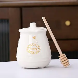 Ceramic Honey Jar with Wooden Honey Dipper and Stand, Great Bee Decor for Farmhouse Kitchen (White)