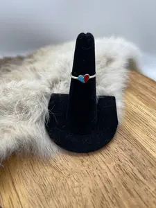 7.0 Inlaid Turquoise and Red Coral Heart Ring, Zuni
