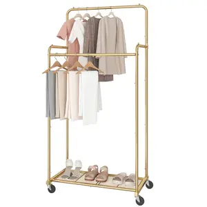 Simple Trending Double Rod Clothes Rack, Heavy Duty Clothing Rolling Rack on Wheels for Hanging Clothes,with 4 Hooks, for Living Room, Bedroom, Balcony
