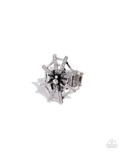 Spiderweb Shimmer - Black Spider Silver Halloween Ring - Paparazzi
