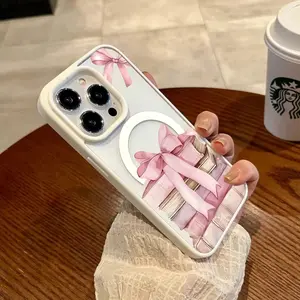 Pink Bow Book Pattern Magnetic Phone Case Supports Wireless Charging for iPhone 17 15 16 14 Pro Max 13 12 11 AIR XR XS Plus E Shockproof Non Slip Protection Silicone Transparent Acrylic Cover Cellphone Protective