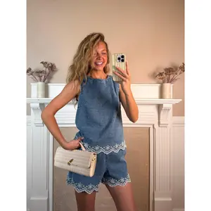 Embroidered Denim Top and Shorts Set