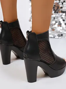 Women's Hollow Out High Heel Boots, Waterproof Thick Sole Fashion Mesh Chunky Heel Back Zipper Design, Spring Summer 2026 Trend