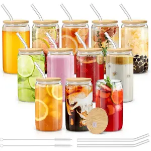[ 12pcs Set ] Drinking Glasses with Bamboo Lids and Glass Straw - 16oz Glass Cups, Beer Glasses, Iced Coffee Glasses, Cute Tea Cup, Ideal for Cocktail, Whiskey, Gift - 2 Cleaning Brushes
