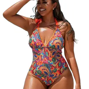 YOUNGDEER Plus Size One Piece Swimsuit for Women, V Neck Backless Bathing Suit, Printed Tummy Control Swimwear, Sexy One Piece