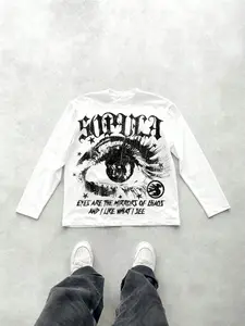 Men's Slim Fit Long Sleeve Graphic T-Shirt, Gothic Text Art Print, Casual Street Style, All Seasons Wear, Unisex Youth Fashion