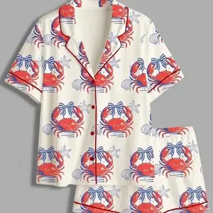 Coquette Crab Bow Pajama Set Women Cute Red Crab Starfish Seashell Print Loose Comfy Short Sleeve Button Shirt Shorts Summer Beach Sleepwear Coastal Night Casual Lounge Outfit