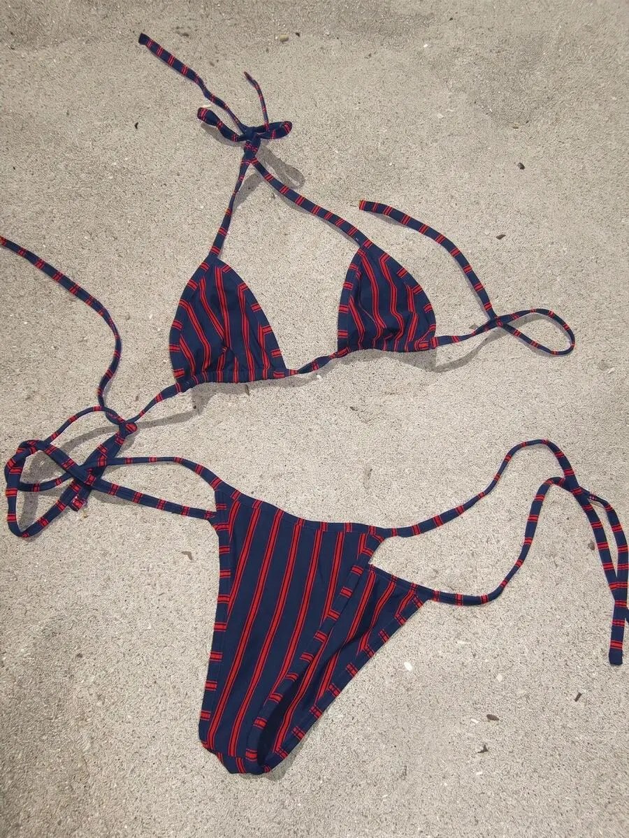 Women's 2026 Vertical Striped Bikini Set | Navy Blue & Red Halter Triangle Top & High-Cut Side-Tie Bottoms !!!