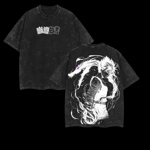 Mens shirt Hiei Yu Yu Hakusho Anime Double Printed Vintage Washed Tee Unisex Oversize Anime Manga Washed Heavyweight Cotton T-shirt wicked  merchandise