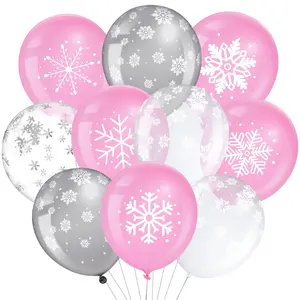 50 Pcs Winter Snowflakes Balloons Clear 12 Inch Transparent Snowflakes Latex Balloons For Birthday Wedding Winter Wonderland Shower New Year Party Decorations(Christmas,Pink Gray Clear)