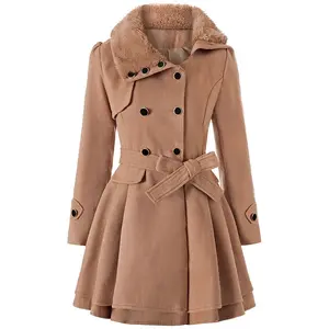 BIGWIG women's autumn and winter classic long wool trench coat with belt, casual office wear, business jacket, double-breasted lapel winter scalloped hem jacket, long trench coat parka, autumn and winter fashion retro style