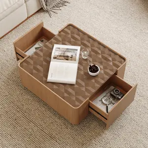Modern Square Coffee Table with Storage Drawers Wooden Frame & Glass Top Child-Safe Rounded Corners for Living Room & Office