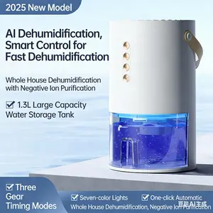 Portable Dehumidifier Home Use, Large Capacity Water Tank 1.3L, Timer Adjustable, Auto Shut-Off, Atmosphere Light, Negative Ion Air Purification