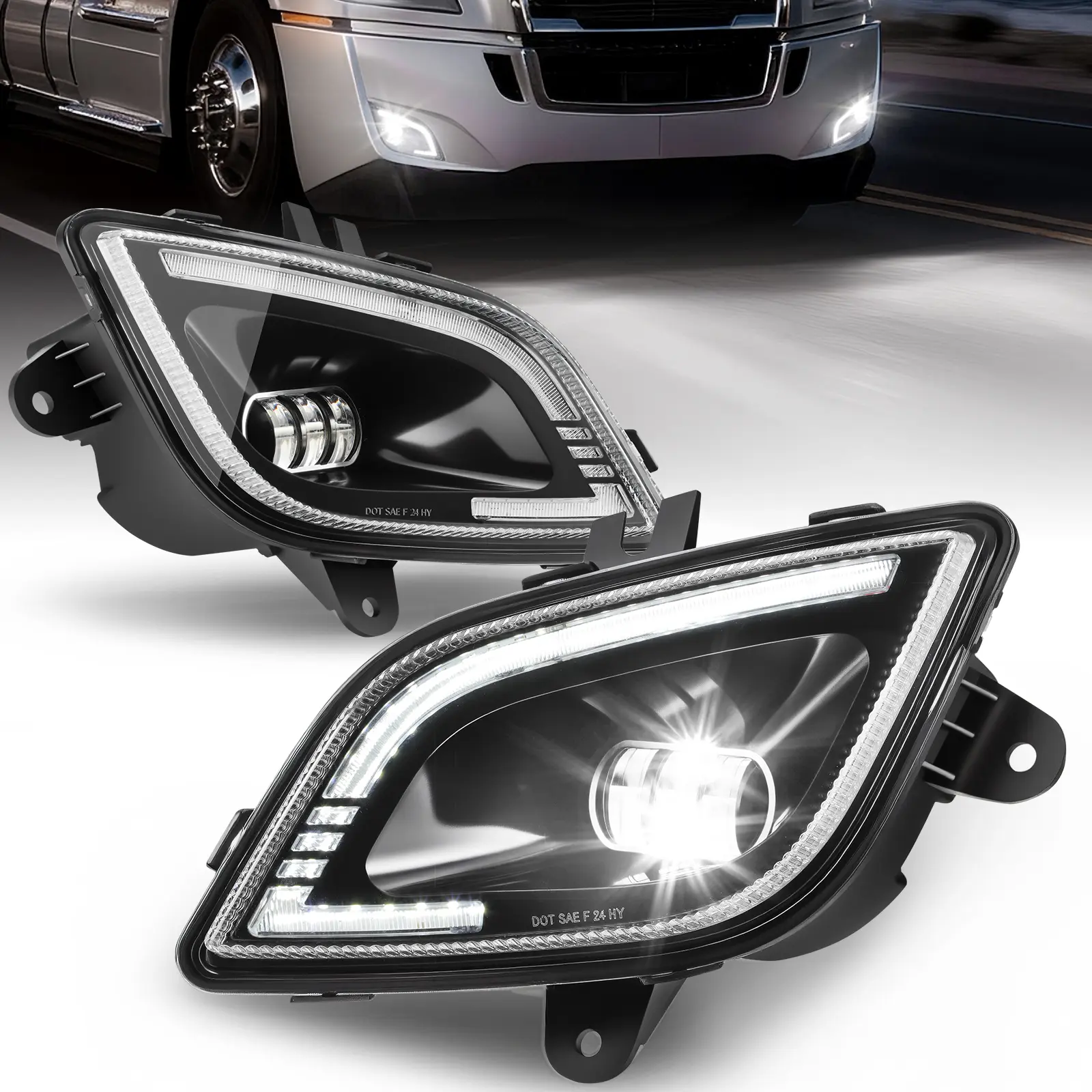Partsam Fog Lights Lamps for Freightliner Cascadia 2018-2024, DRL Clear Lens Black Housing Driver&Passenger Side/w Plug/12V