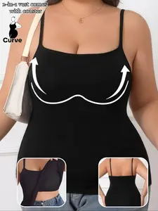 Plus Size Women's Adjustable Sleeveless Cami Top with Built In Bra Pad, Soft Comfortable Basic Slim Fit Summer Vest, Casual Wear for Any Occasion