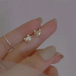Cute Mini Opal Cat Stud Earrings Gold Plated