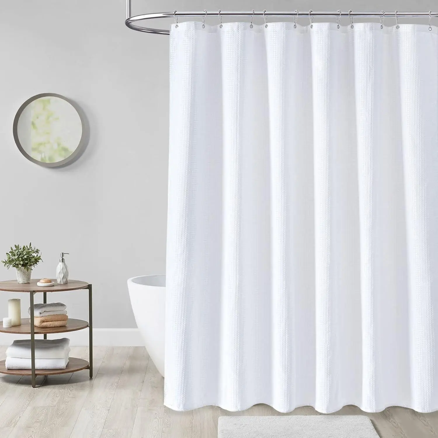 White Fabric Shower Curtain， Waffle Weave Heavy Duty Hotel Luxury Cloth Shower Curtains for Bathroom, 72 Inch 256GSM Weighted Bath Curtain Set with 12 Plastic Hooks,72x72