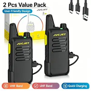 JUCJET UHF Two Way Radios 2 Pack Long Range Walkie Talkies with Frequency Copying Rechargeable Type C Fast Charging for Camping Travel Family
