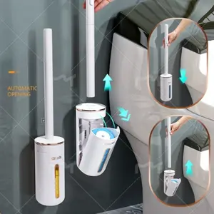 Toilet brush holder kit, toilet brush and stand, self-closing toilet brush holder and long-handled ventilated toilet brush kit for bathroom, toilet and bathroom accessories - with 24 cleaning pads