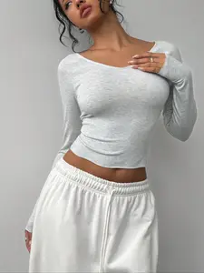 Women's Slim Fit V Neck Long Sleeve T-Shirt, Comfortable Polyester Blend, Casual Daily Wear, Raw Linen, Light, Minimalist Style