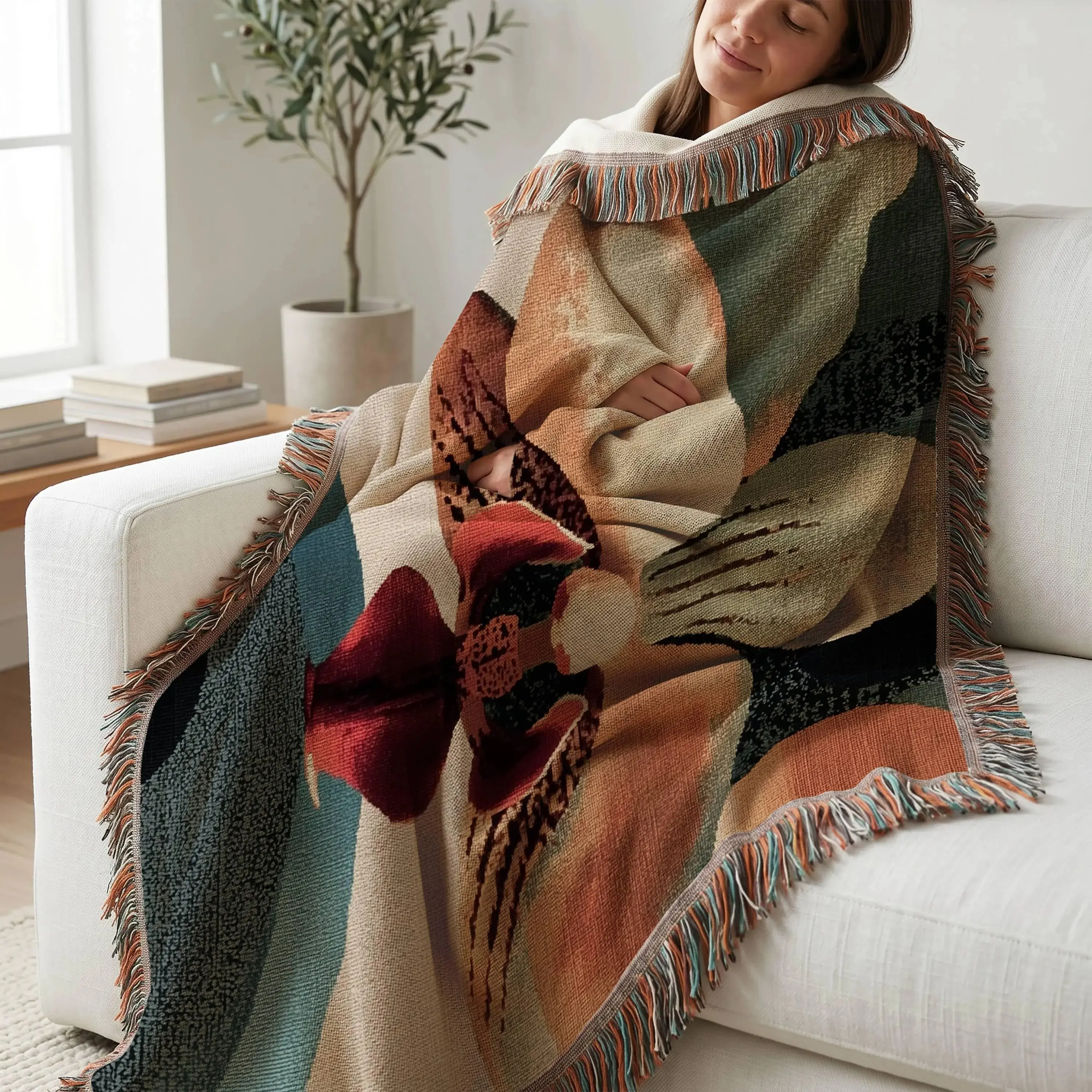 Statement Throw Blanket, Orchid Bloom Jacquard Throw, Terracotta Woven Blanket, Japandi Cotton Throw