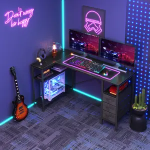 L Shaped Desk with Shelf Drawers, Brown Corner Computer Desks Gaming with Power Outlet, Study Table with Adjustable Shelves, Home Office Tables for Bedroom Teacher Reading Writing