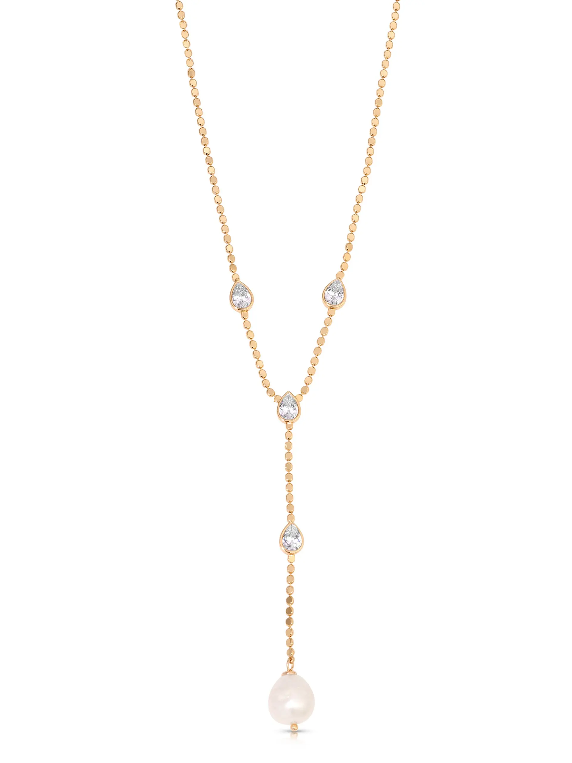 Ettika Dripping Crystal Lariat Necklace 18k Gold Plated Brass Cubic Zirconia Freshwater Pearl 17" Length 4" Extender Chain Perfect for Any Occasion