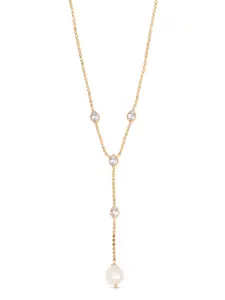 Ettika Dripping Crystal Lariat Necklace 18k Gold Plated Brass Cubic Zirconia Freshwater Pearl 17" Length 4" Extender Chain Perfect for Any Occasion