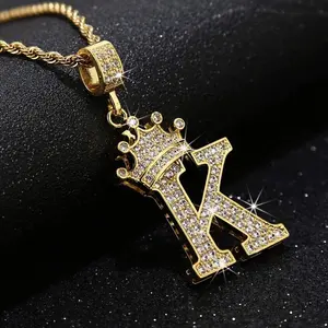 Initial Alphabet K Iced Gold Silver Plated Pendant & 4mm 18" 20" 24" Rope Chain Necklace Fashion Jewelry Gift For Men, Women, Unisex