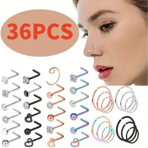 36pcs Elegant Stainless Steel Nose Rings Set, Stainless Steel L Shaped Nose Rings Studs Nostril Piercings Jewelry, for Women, Ideal for Vacation & Daily Wear, Versatile Nose Ring, Nose Jewelry