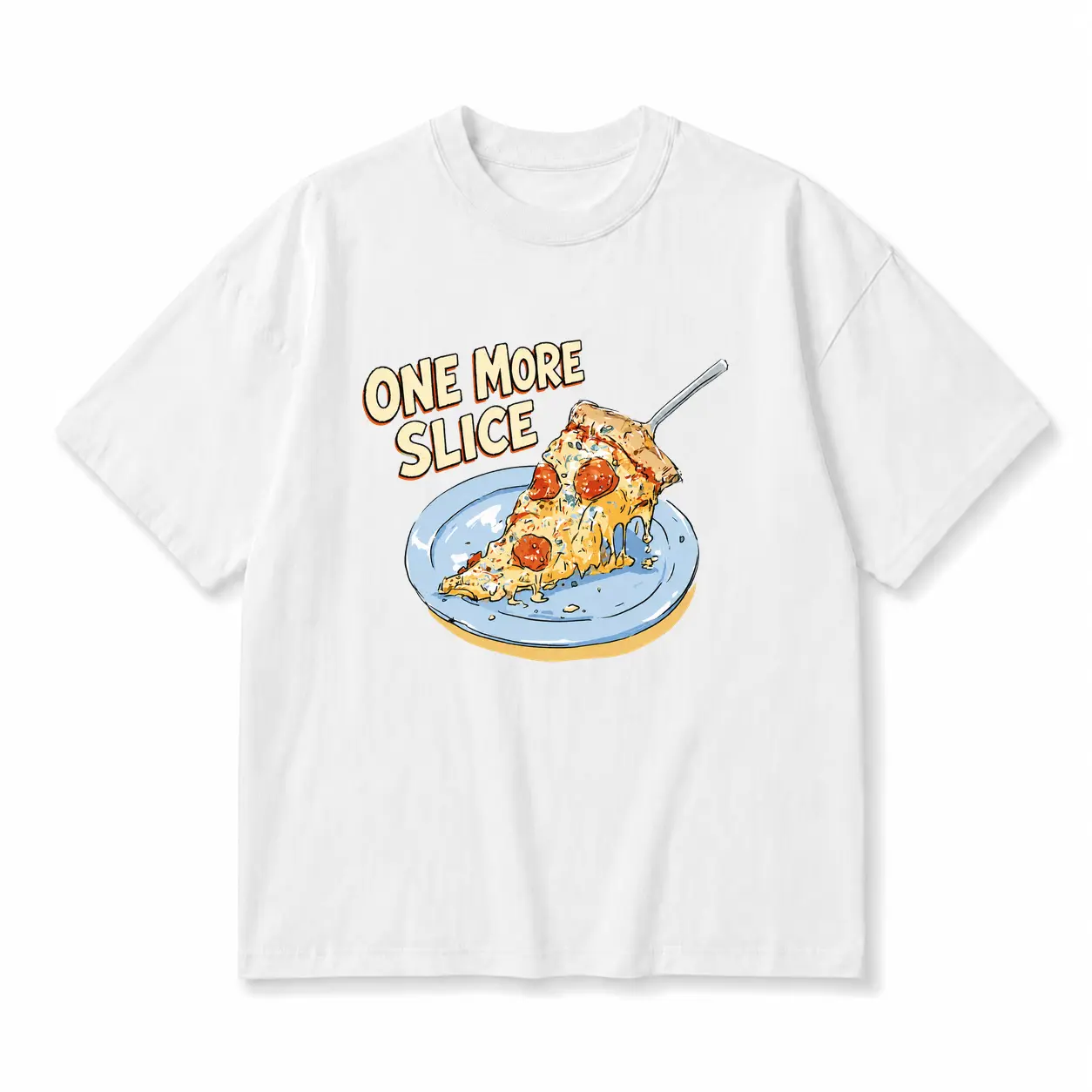Fun pizza print T-shirt, unisex, featuring a delightful melted cheese treat, available in classic cotton or vintage washed loose fit