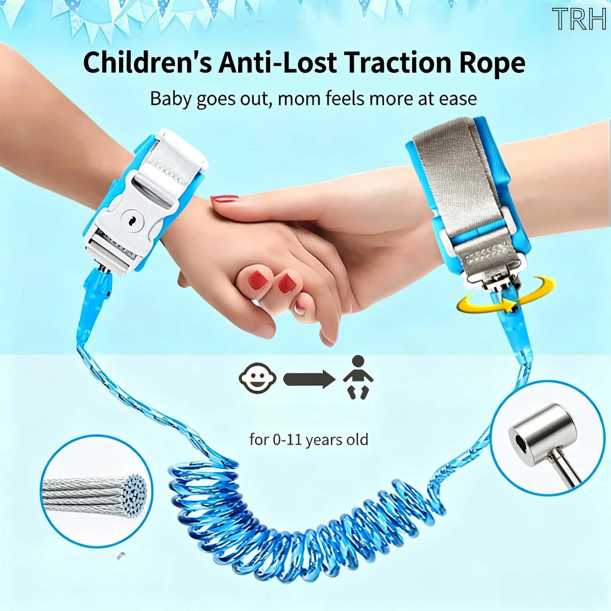 Key‑Locked Anti‑Lost Toddler Wrist Link, Stretchy Child Safety Harness Leash with 304 Steel Wire, Breathable Soft Anti‑Escape Wristband for Kids, 2M Long 360° Swivel Anti‑Lost Strap for Outdoor Travel, Shopping & Family Daily Use