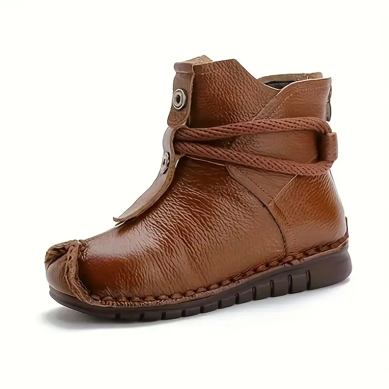 Women's Genuine Cowhide Vintage Western Flat Heel Short Boots - Round Toe, Laceless, Zipper Closure, Slip-Resistant Sole, All-Season Casual Footwear