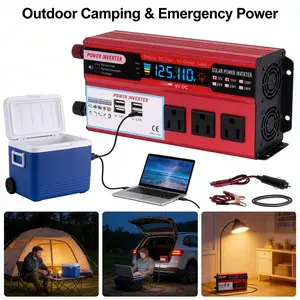 Vehicle Power Supply Inverter DC 12V to 110V AC with 3 AC Sockets 4 USB Fast Charging Ports 5000W Peak Power Car Converter for Outdoor Camping RV Truck Boat Road Trip Emergency Power Backup