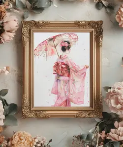 Premium Matte Art Print - Pink Japanese Geisha Home Decor Wall Art - Unframed 8x10 - Poster, Decoration Artistic Room Decoration Photo